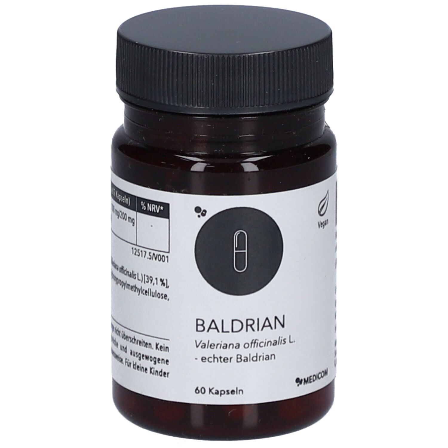 Braune Flasche mit schwarzen Deckel. Aufschrift: BALDRIAN, Valeriana officinalis L. 60 Kapseln. Vegan-Siegel.