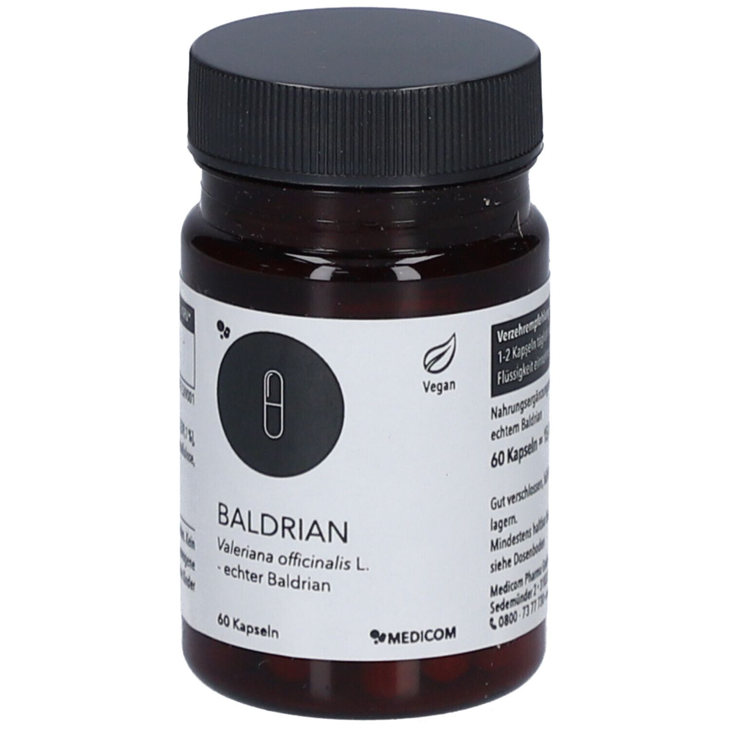 Braune Flasche mit schwarzen Deckel. Aufschrift: BALDRIAN, Valeriana officinalis L. 60 Kapseln. Vegan-Siegel.