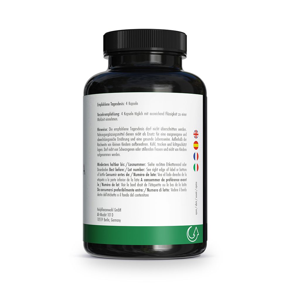 Rückseite eines Chlorella-Behälters mit Einnahmeempfehlung und Warnhinweisen in mehreren Sprachen.