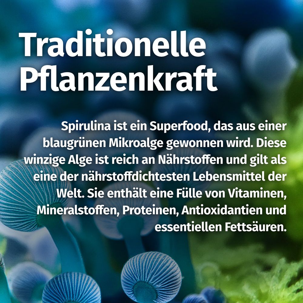 Traditionelle Pflanzenkraft: Text über Spirulina als Superfood aus Mikroalgen, reich an Nährstoffen.