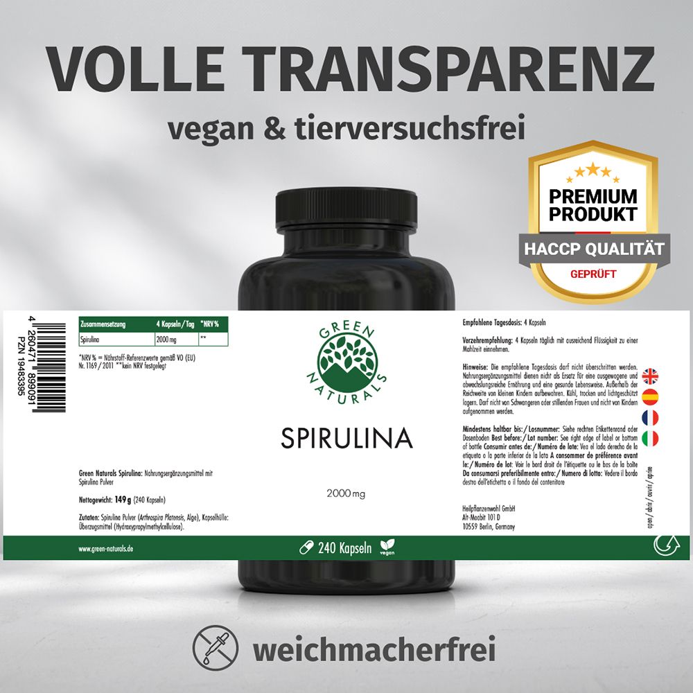 Volle Transparenz: Dose mit Etikett. "Premium Produkt", "HACCP Qualität Geprüft". "vegan & tierversuchsfrei".