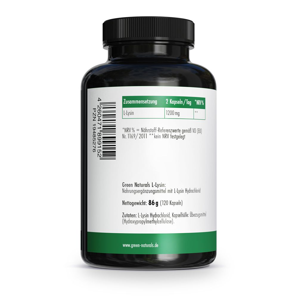 Rückseite der grünen Flasche. Text: Zusammensetzung, L-Lysin 1200mg. Nettogewicht 86g (120 Kapseln).