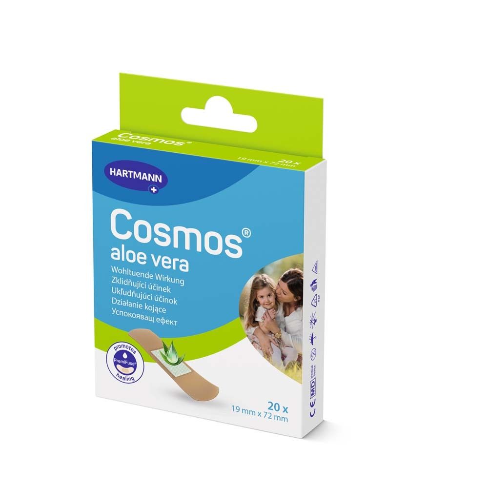Verpackung mit Cosmos® aloe vera Pflastern. 20 Stück, 19 x 72 mm. Grün-weiß-blaue Verpackung mit Produktabbildung.