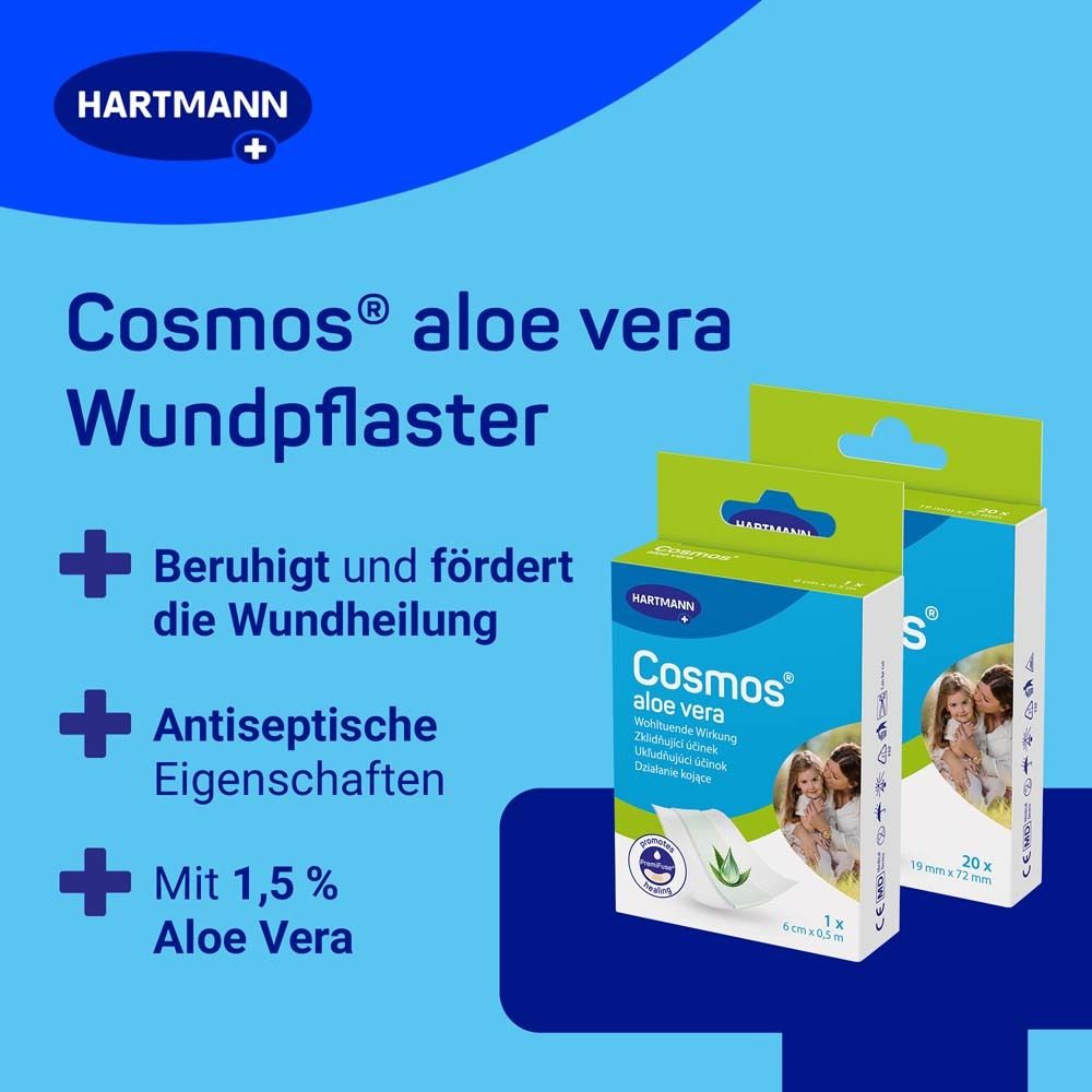 Zwei Packungen Cosmos® aloe vera Wundpflaster. Text mit Eigenschaften und Inhaltsstoffen. Auf blauem Hintergrund.