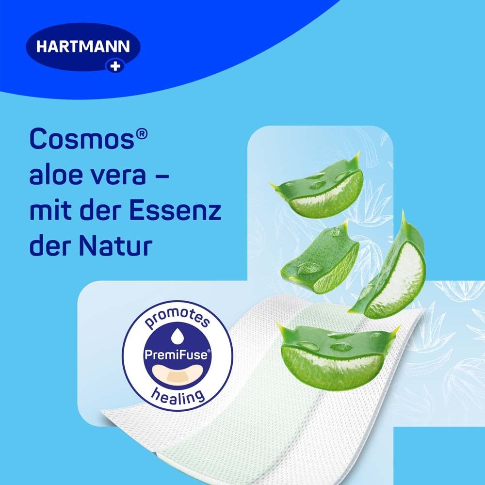 Aloe Vera Blätter und Tropfen auf Wundkissen. Text: Mit der Essenz der Natur. Auf blauem Hintergrund.