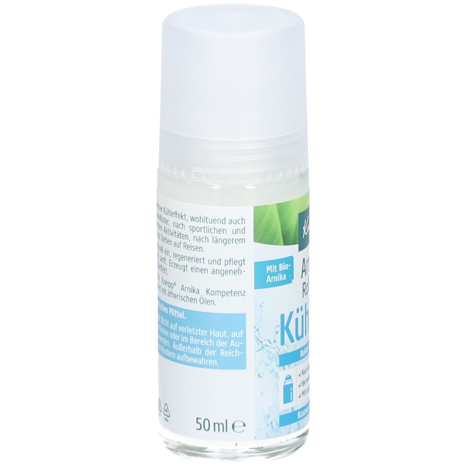 Kneipp Arnika Roll-on Kühlend. Weiße Flasche mit Roll-on-Applikator. Text auf Etikett, 50 ml.