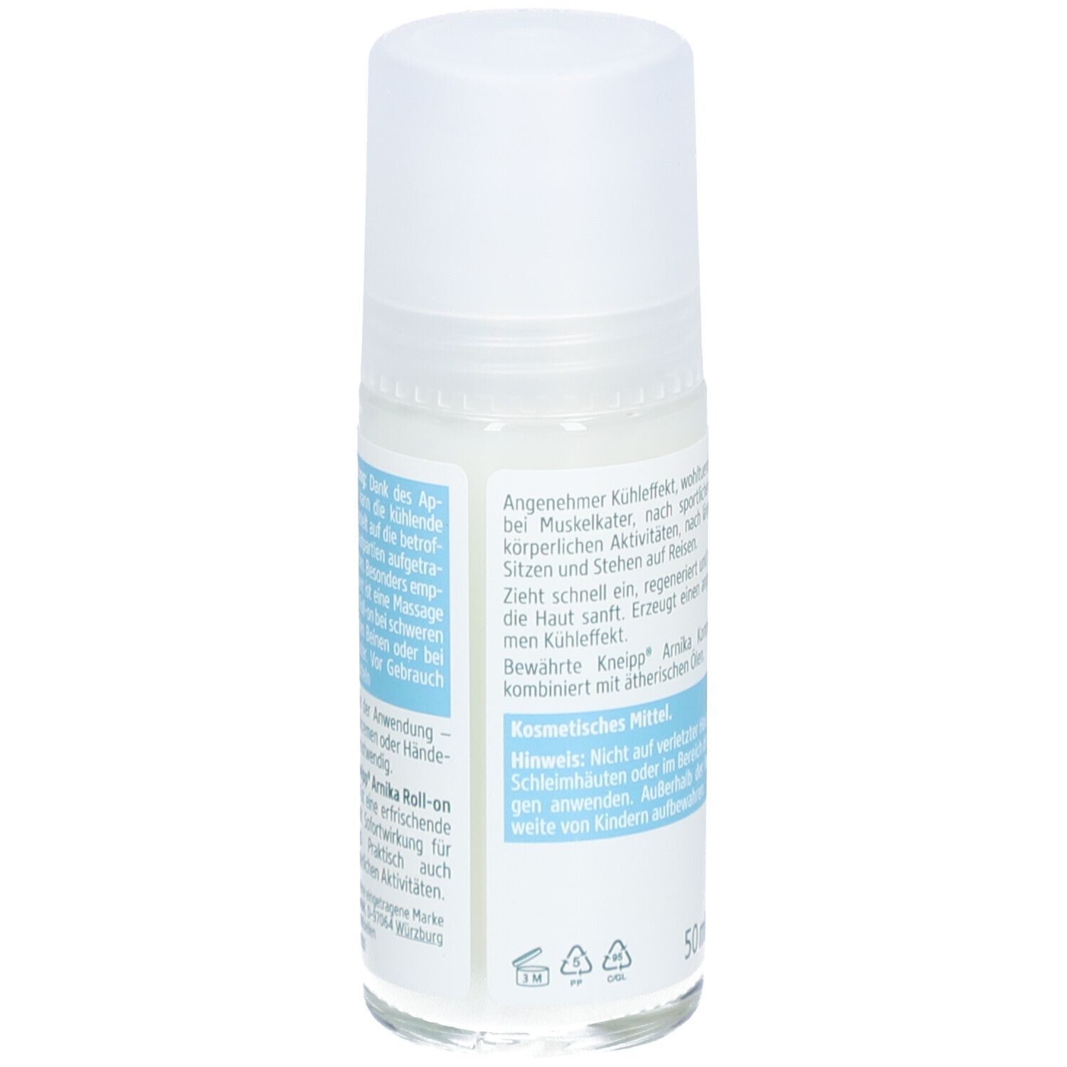 Kneipp Arnika Roll-on Kühlend. Weiße Flasche mit Roll-on-Applikator. Text auf Etikett, Hinweise.