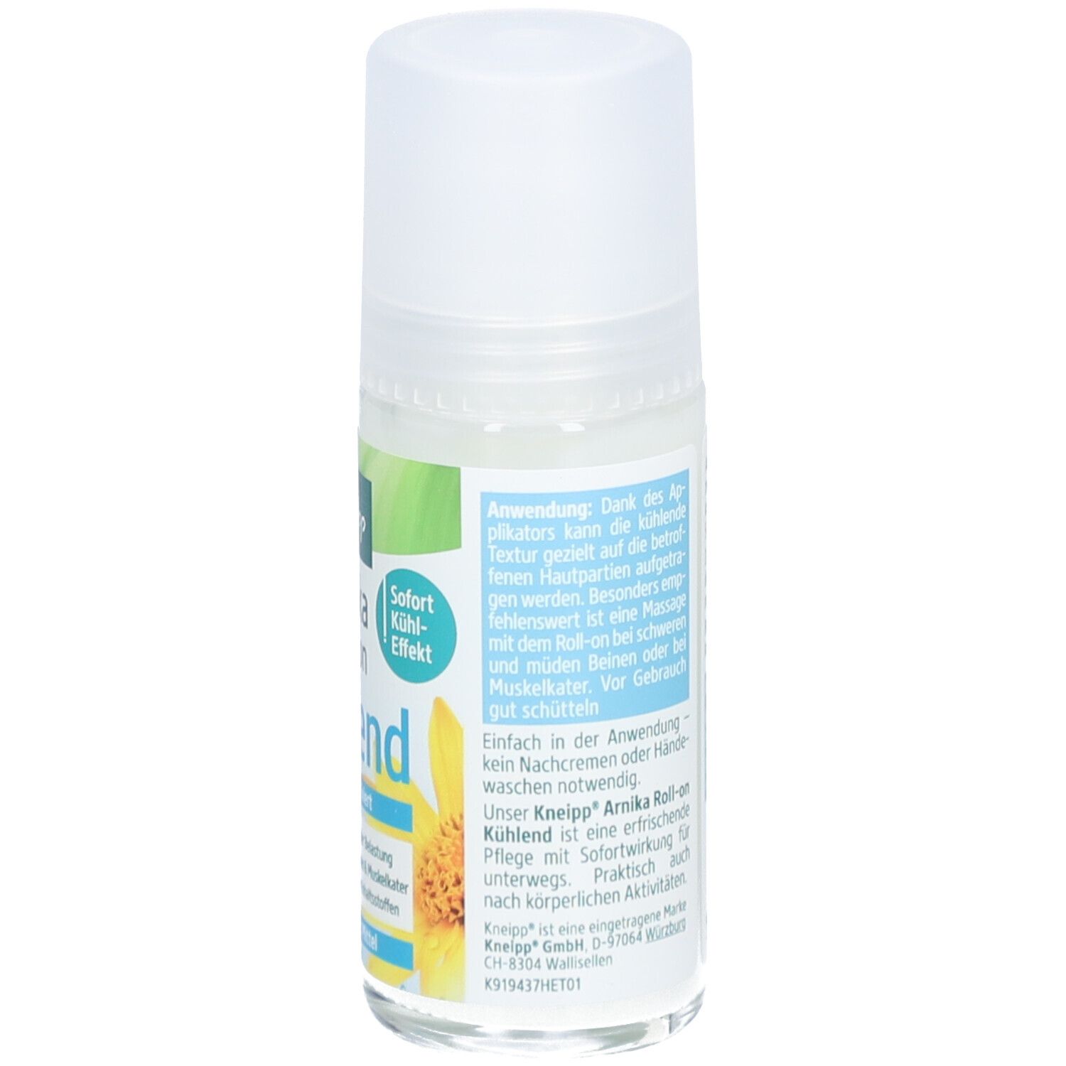Kneipp Arnika Roll-on Kühlend. Weiße Flasche mit Roll-on-Applikator. Text auf Etikett, Anwendung.