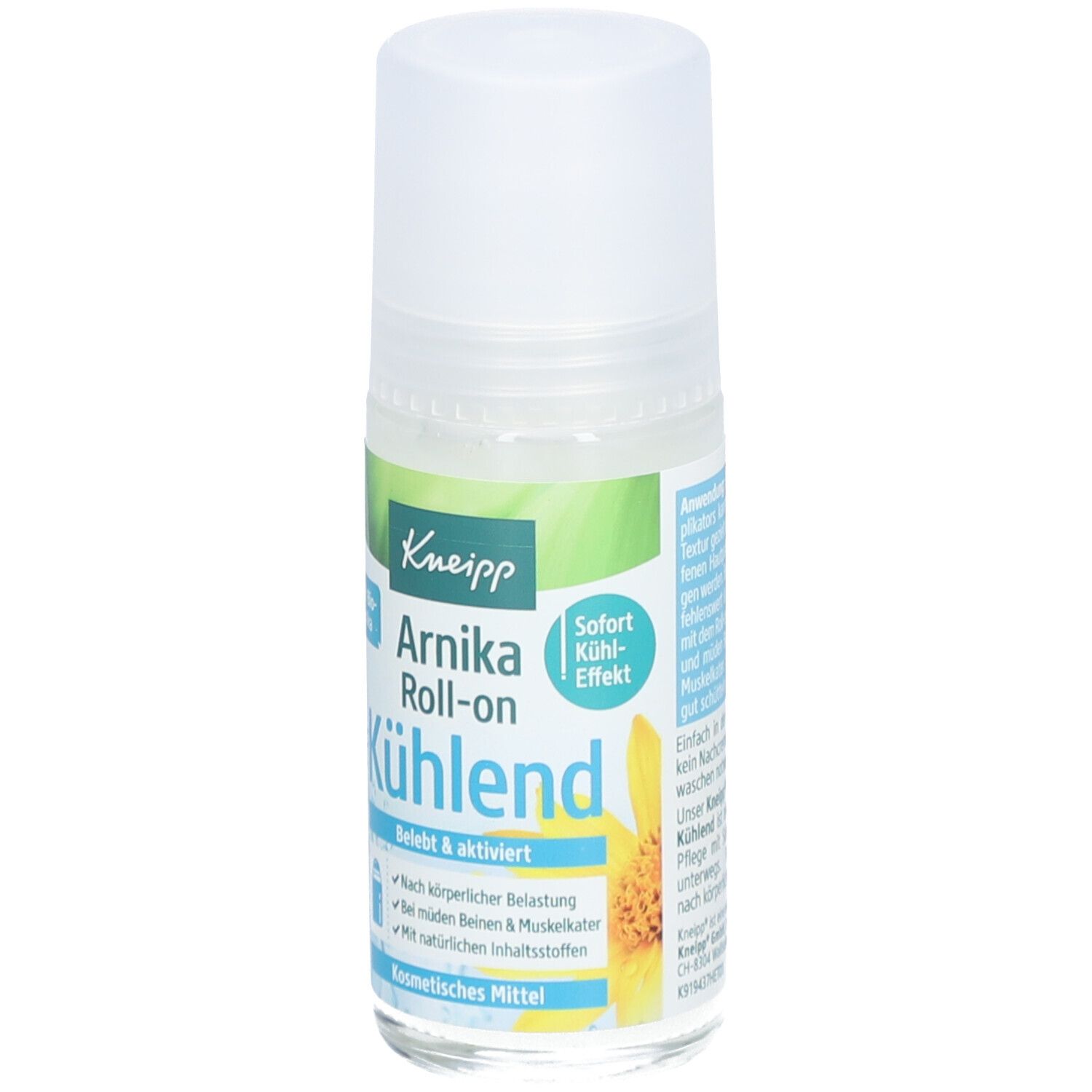 Kneipp Arnika Roll-on Kühlend. Weiße Flasche mit Roll-on-Applikator. Produktetikett mit Text und Logo.