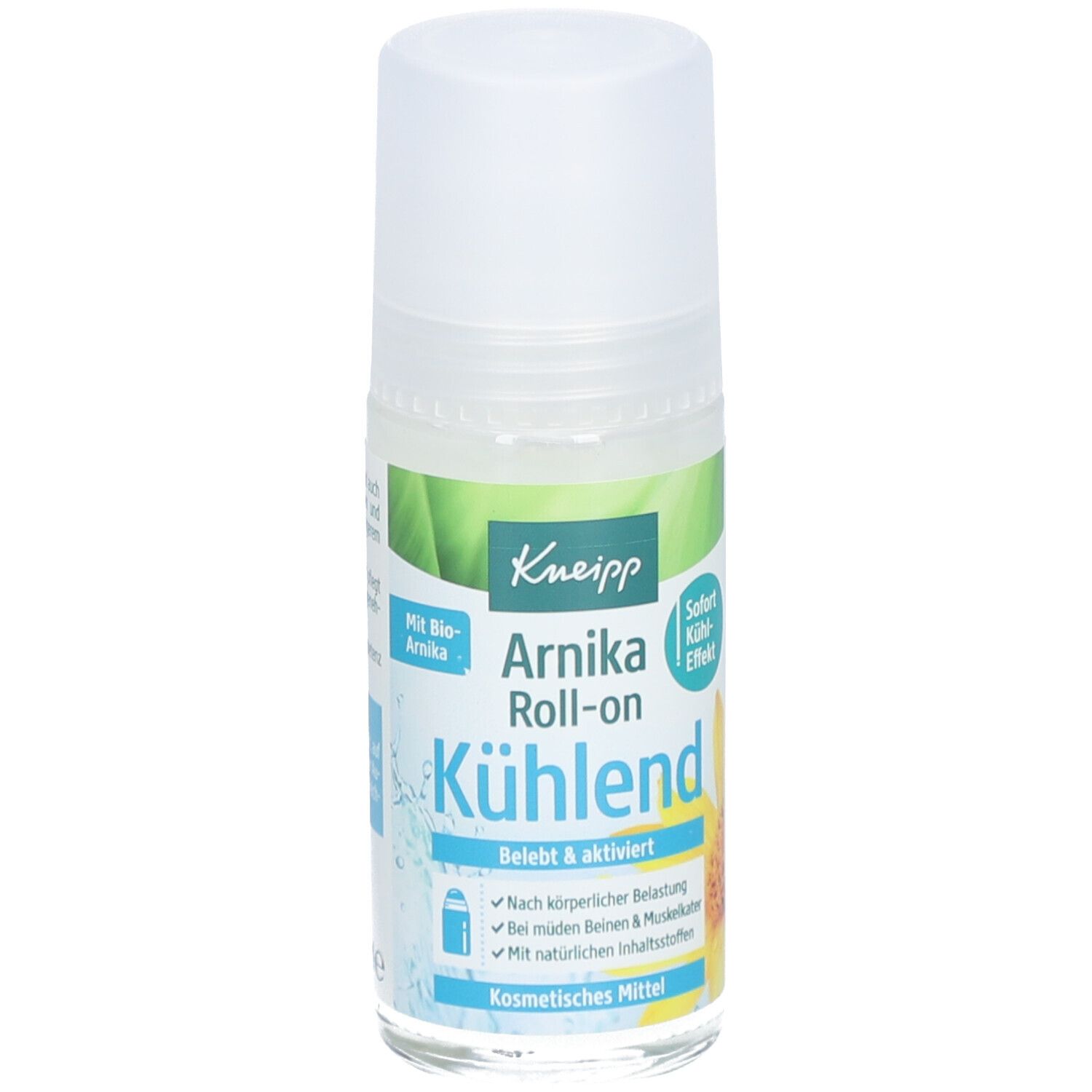 Kneipp Arnika Roll-on Kühlend. Weiße Flasche mit Roll-on-Applikator. Produktetikett mit Text und Logo.