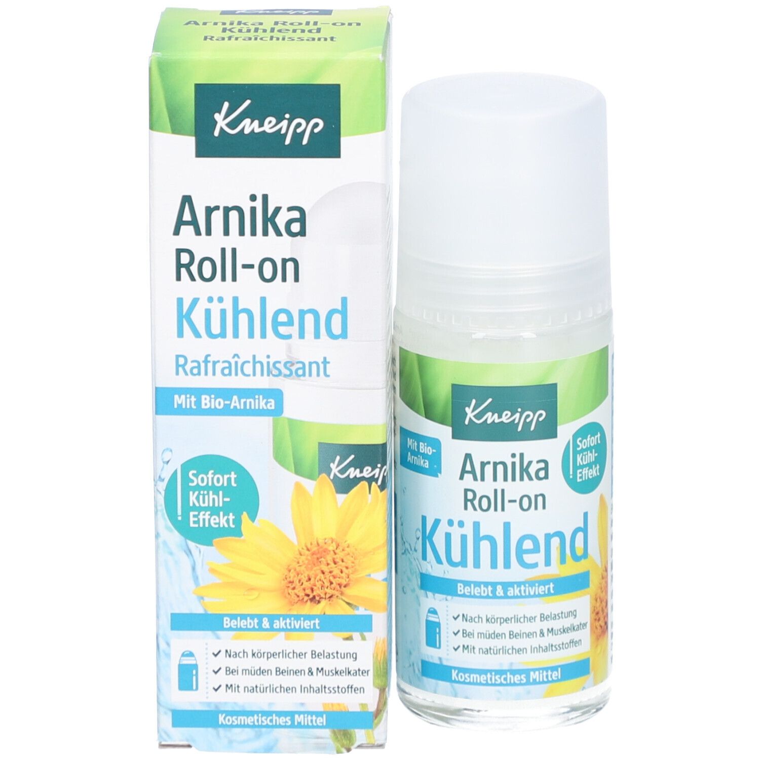 Kneipp Arnika Roll-on Kühlend. Flasche und Verpackung. Produktetikett mit Text und Logo.
