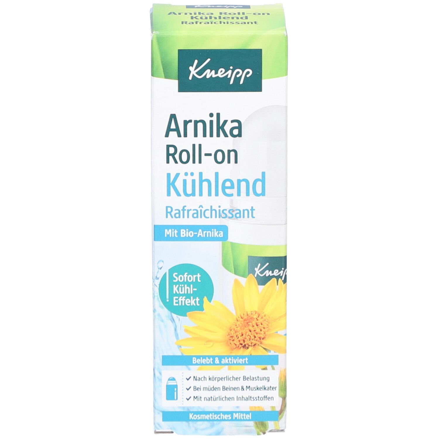 Kneipp Arnika Roll-on Kühlend. Verpackung. Produktetikett mit Text und Logo.