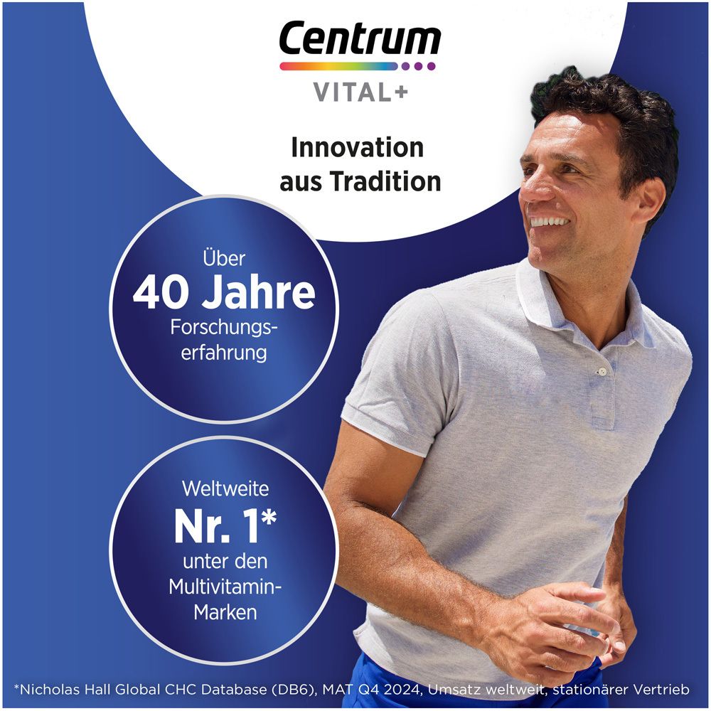 Mann lächelt. Text: Über 40 Jahre Forschungserfahrung. Weltweite Nr. 1 unter den Multivitamin-Marken.