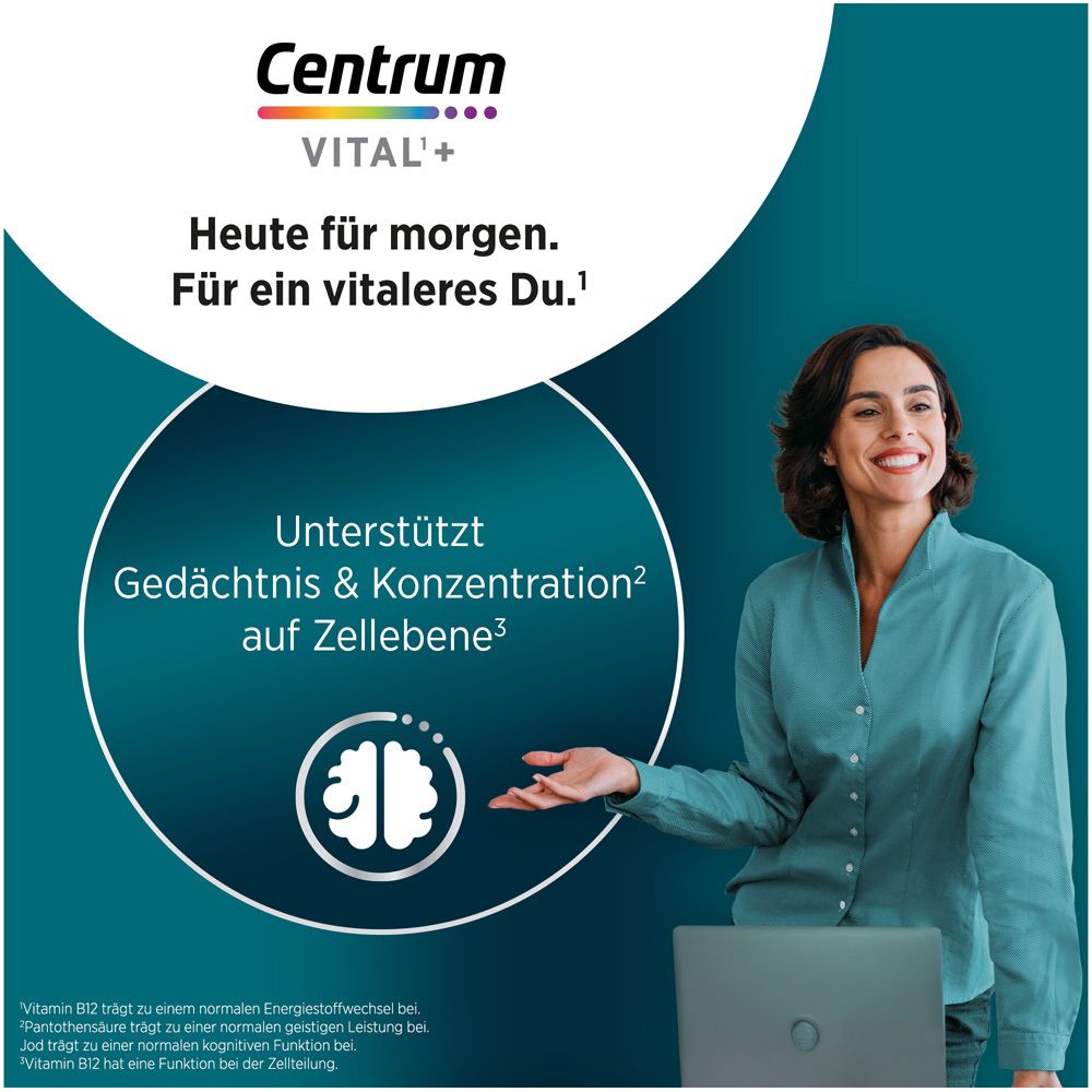 Frau mit Laptop, Text: Unterstützt Gedächtnis & Konzentration auf Zellebene. Logo: Gehirn.
