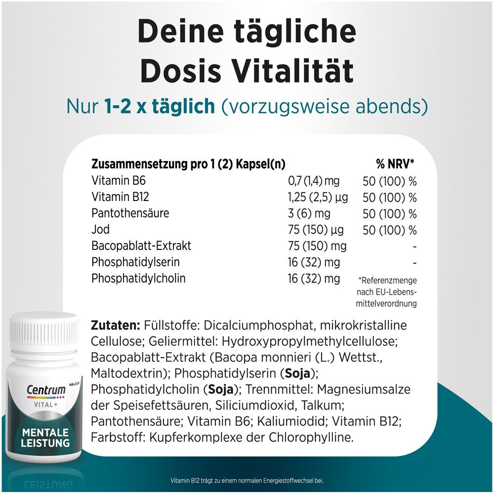 Tabelle mit Inhaltsstoffen pro Kapsel: Vitamin B6, B12, Pantothensäure, Jod, Bacopa, etc. Flasche.