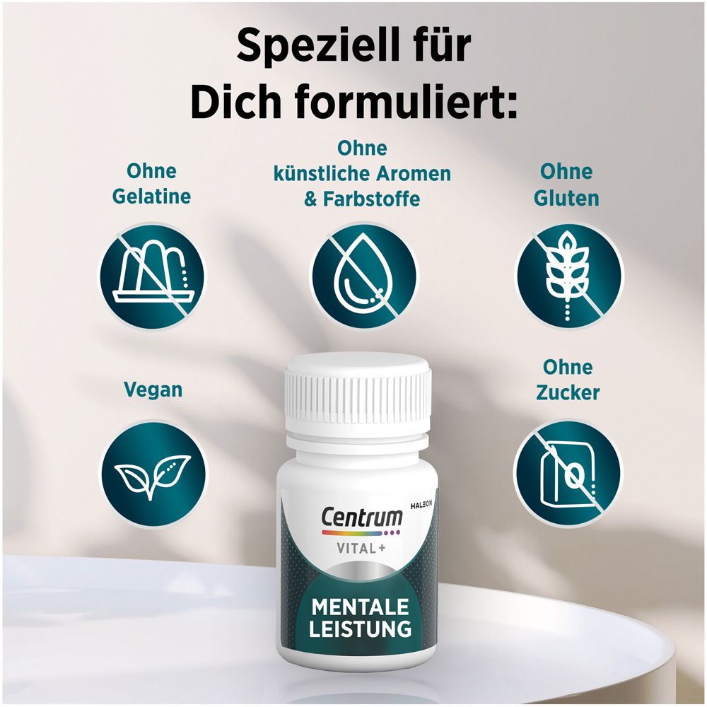 Centrum Vital+ Flasche. Text: Ohne Gelatine, künstliche Aromen & Farbstoffe, Gluten, Zucker. Vegan.