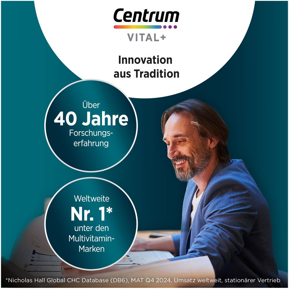 Mann am Schreibtisch. Text: Über 40 Jahre Forschungserfahrung. Weltweite Nr. 1 unter den Multivitamin-Marken.