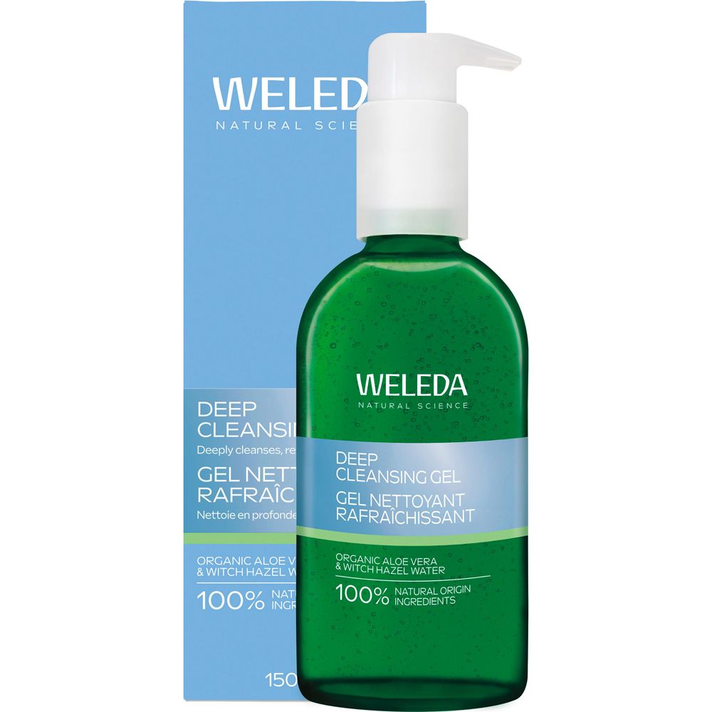 WELEDA Deep Cleansing Gel. Grüne Flasche mit Pumpe und blauer Verpackung. Text: Deep Cleansing Gel, 100% natürliche Inhaltsstoffe.