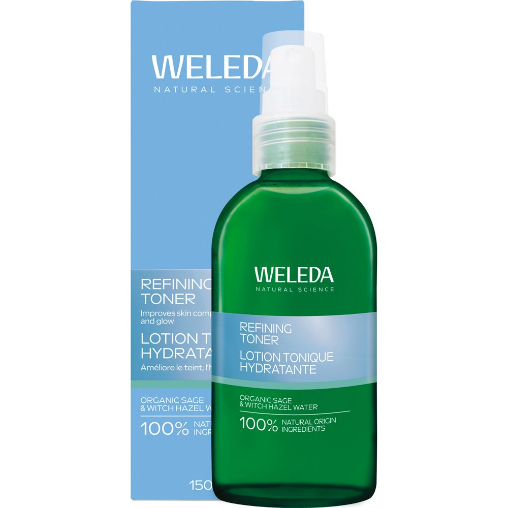 Grüne Flasche mit weißem Sprühkopf und blauer Verpackung. Aufschrift: WELEDA, Refining Toner, 100% natürliche Inhaltsstoffe.