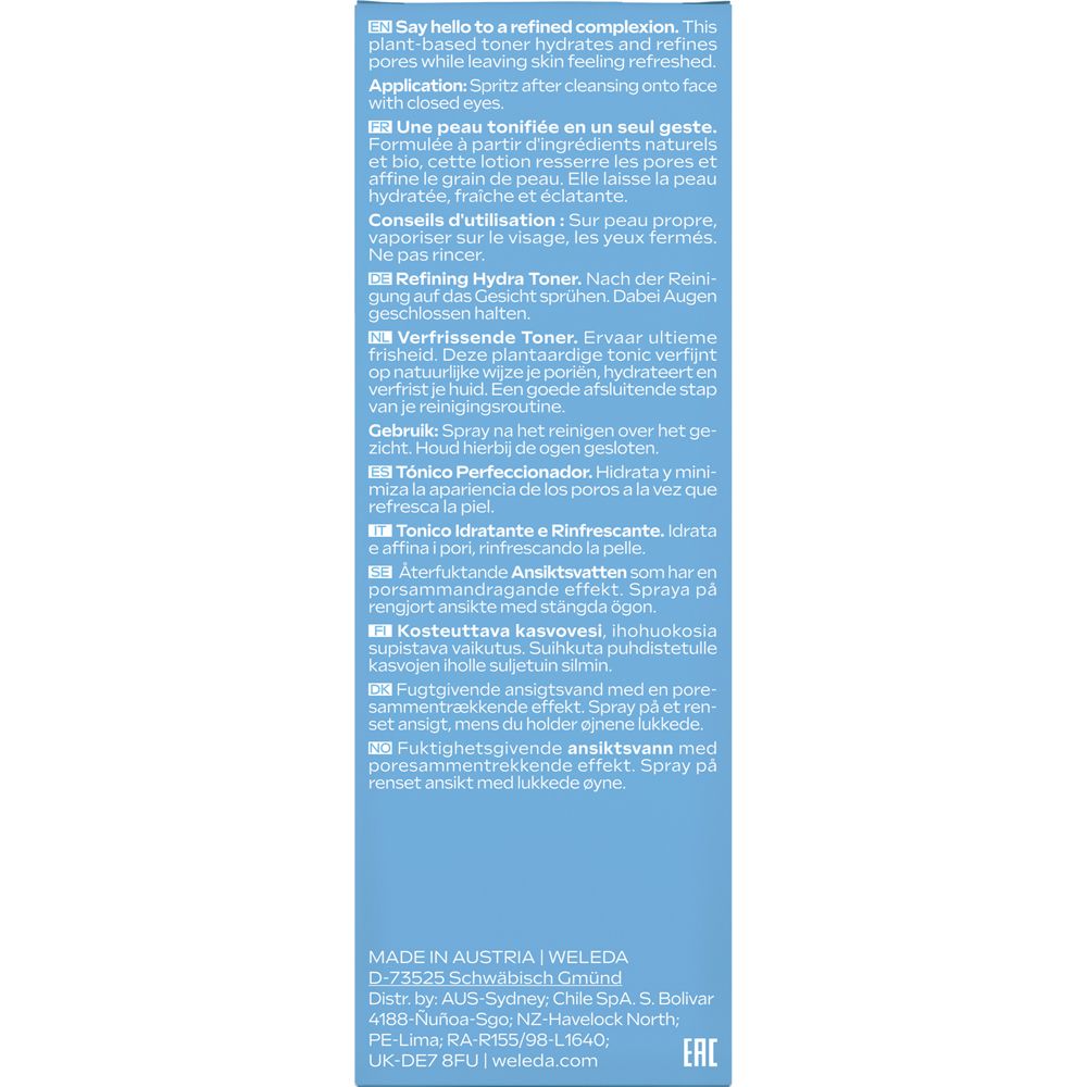 Blaues Etikett mit Text in mehreren Sprachen. Enthält Anwendungs- und Inhaltsstoffinformationen. Hergestellt in Österreich.