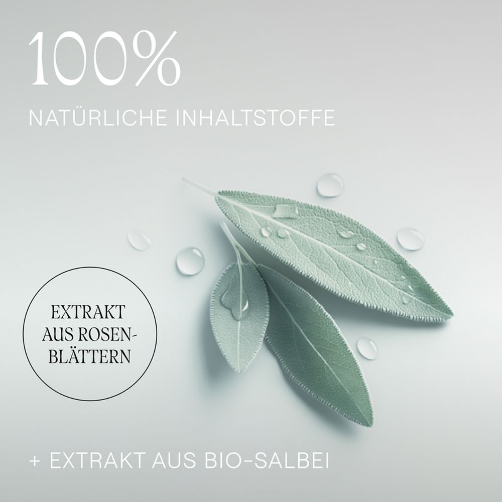 Drei Blätter und Wassertropfen. Text: 100% natürliche Inhaltsstoffe. Extrakt aus Rosenblättern + Bio-Salbei.