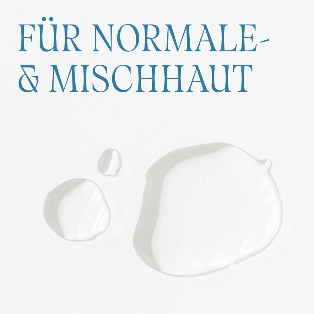 Wassertropfen auf weißem Hintergrund. Text: Für normale & Mischhaut.