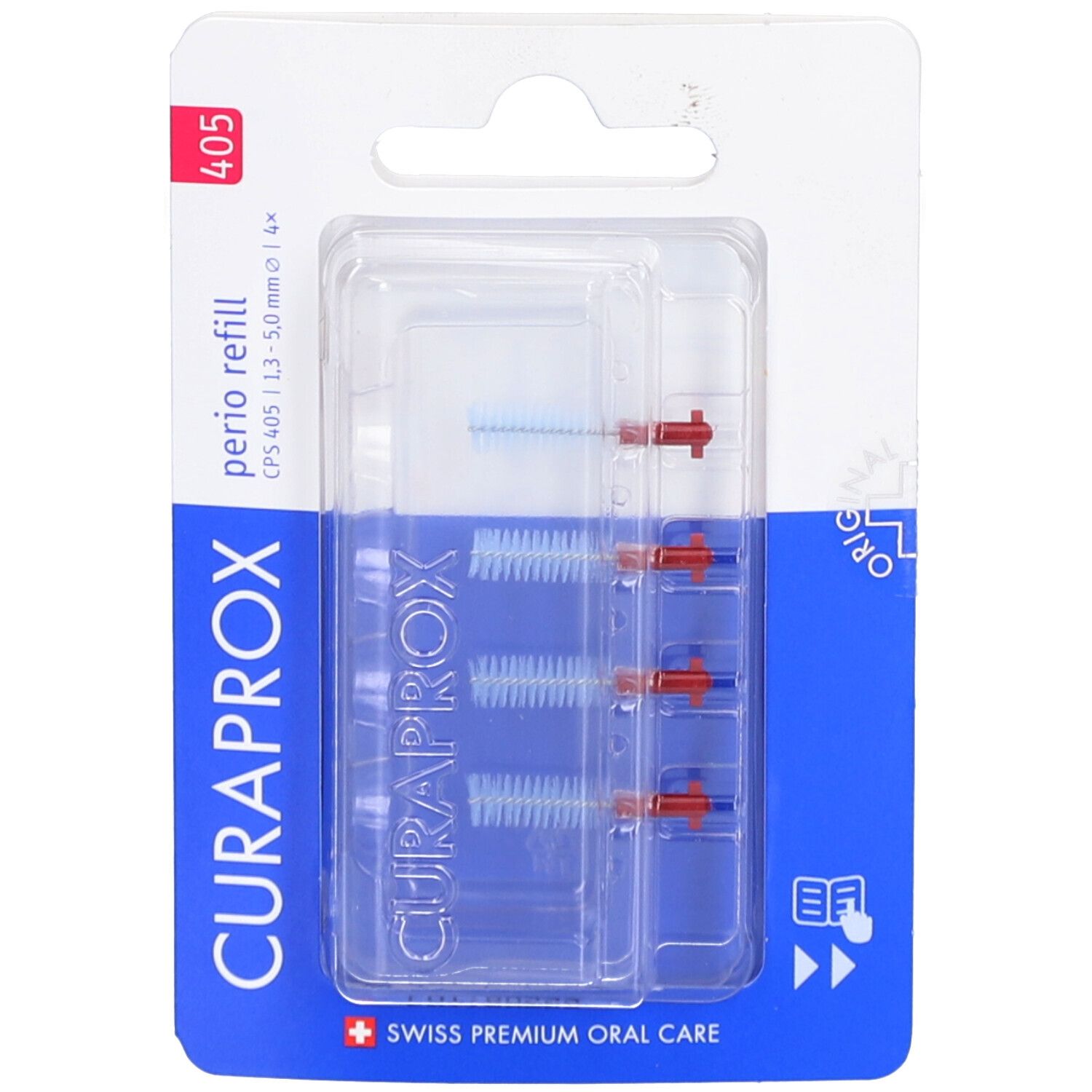 Curaprox CPS 405 Perio Refill, Interdentalbürsten in Blisterverpackung. Blaue Borsten, rote Halterungen. "Curaprox" Schriftzug.