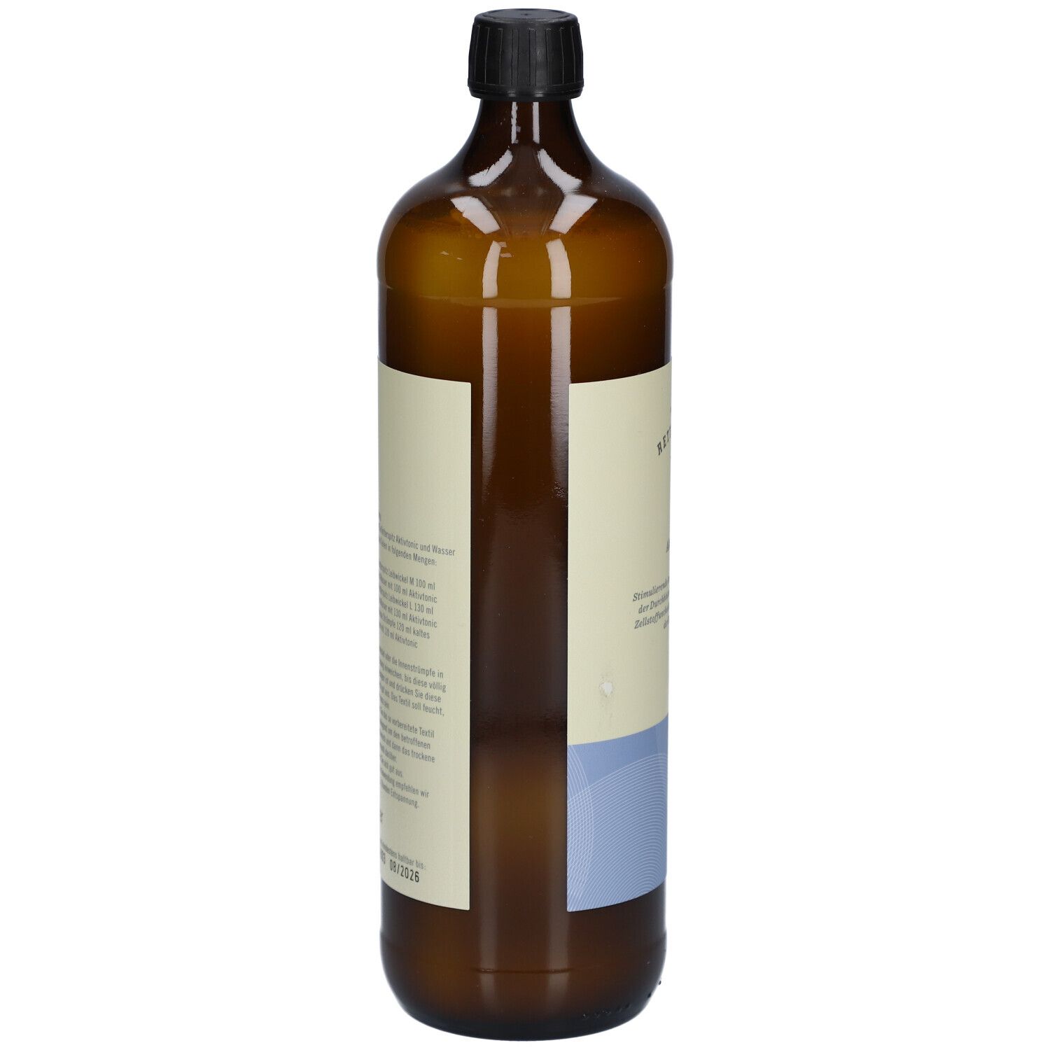 Braune Glasflasche mit schwarzem Deckel. Etikett mit Text. Rückansicht der Flasche.