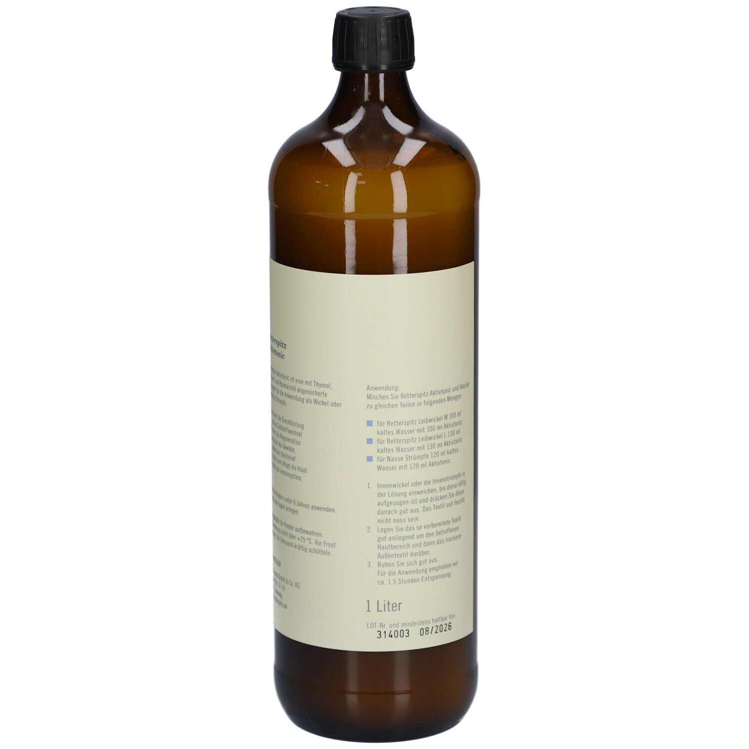 Braune Glasflasche mit schwarzem Deckel. Etikett mit Text und Mengenangabe: 1 Liter.