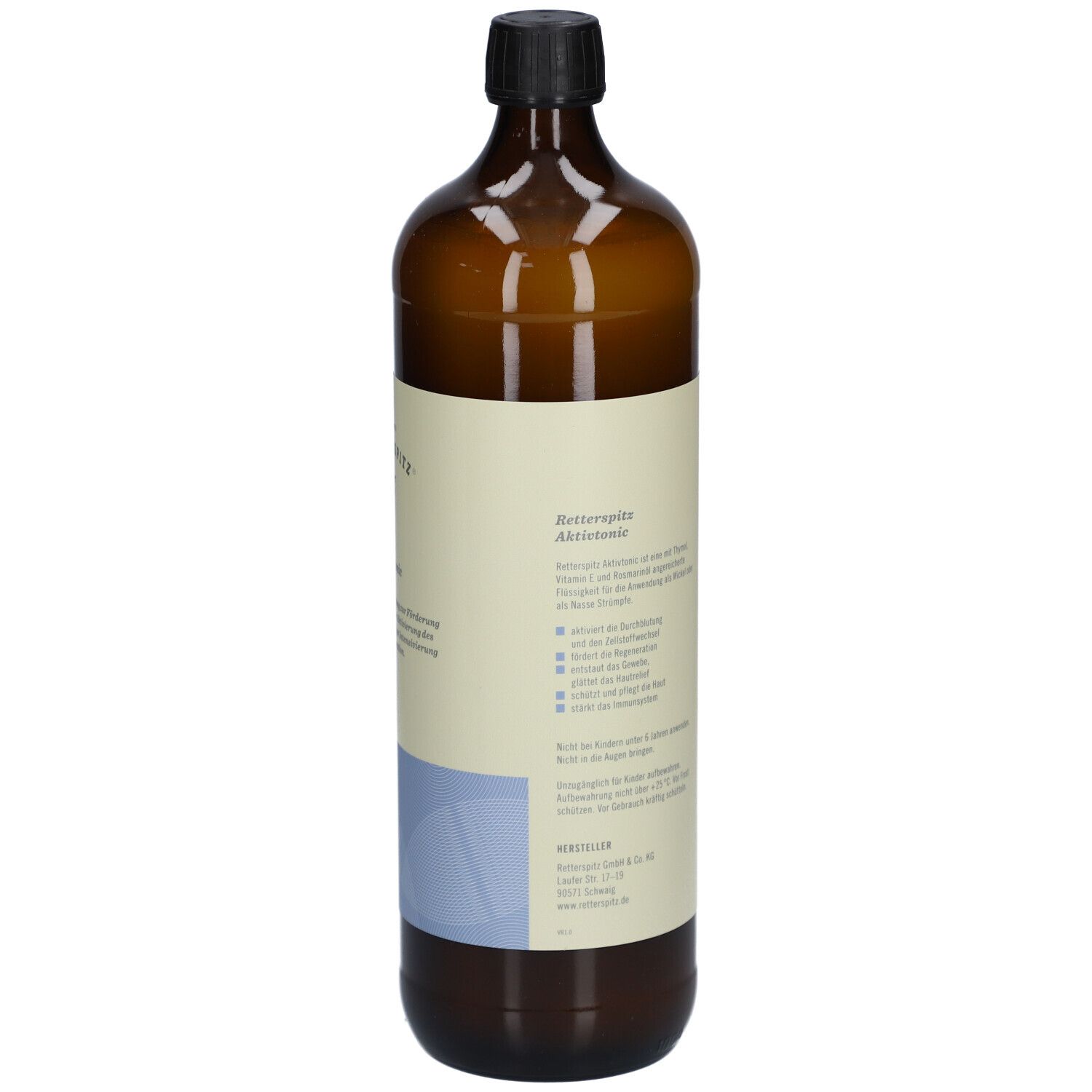 Braune Glasflasche mit schwarzem Deckel. Etikett mit Produktname, Logo und Text. Detailansicht.