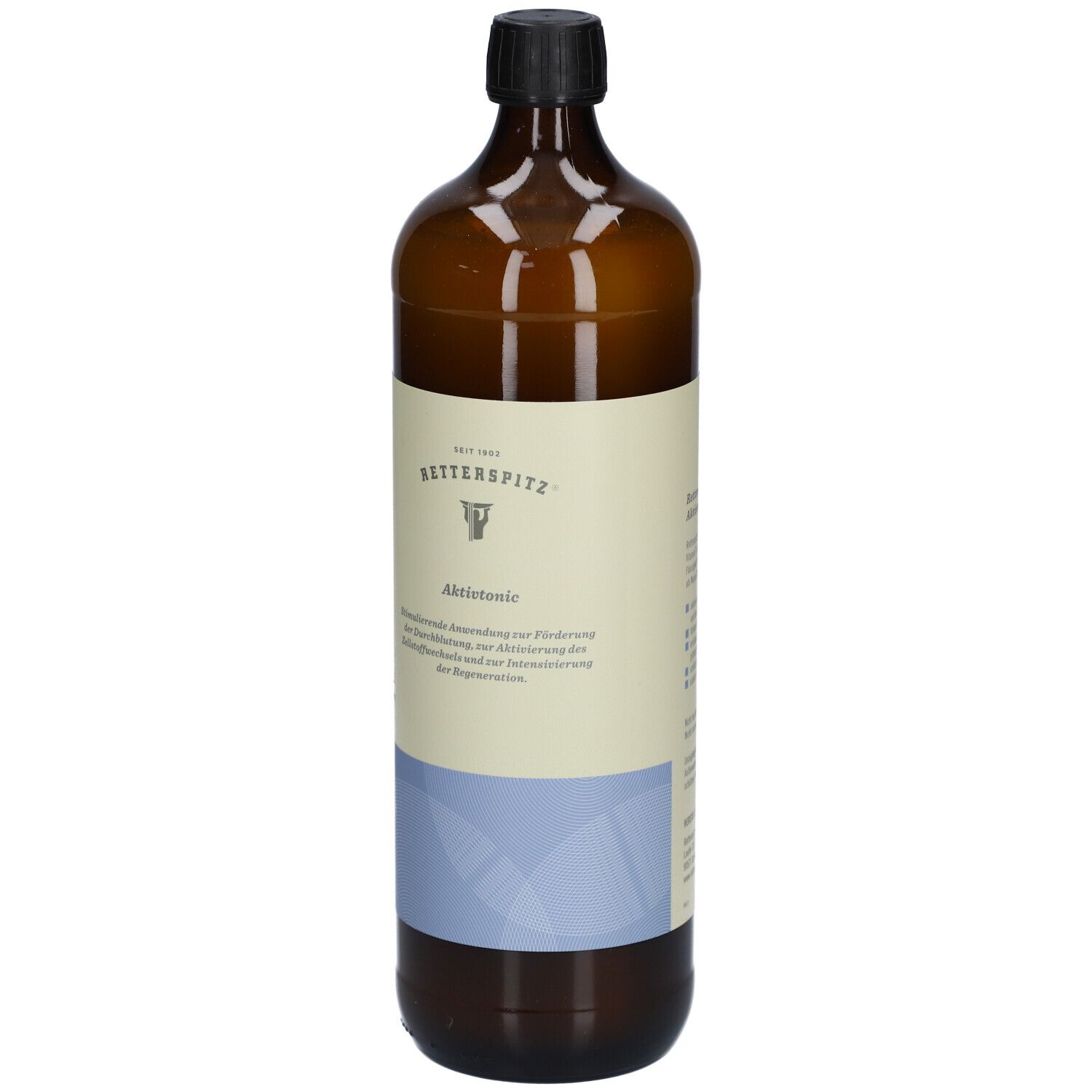 Braune Glasflasche mit schwarzem Deckel. Etikett mit Produktname und Logo. Nahaufnahme.