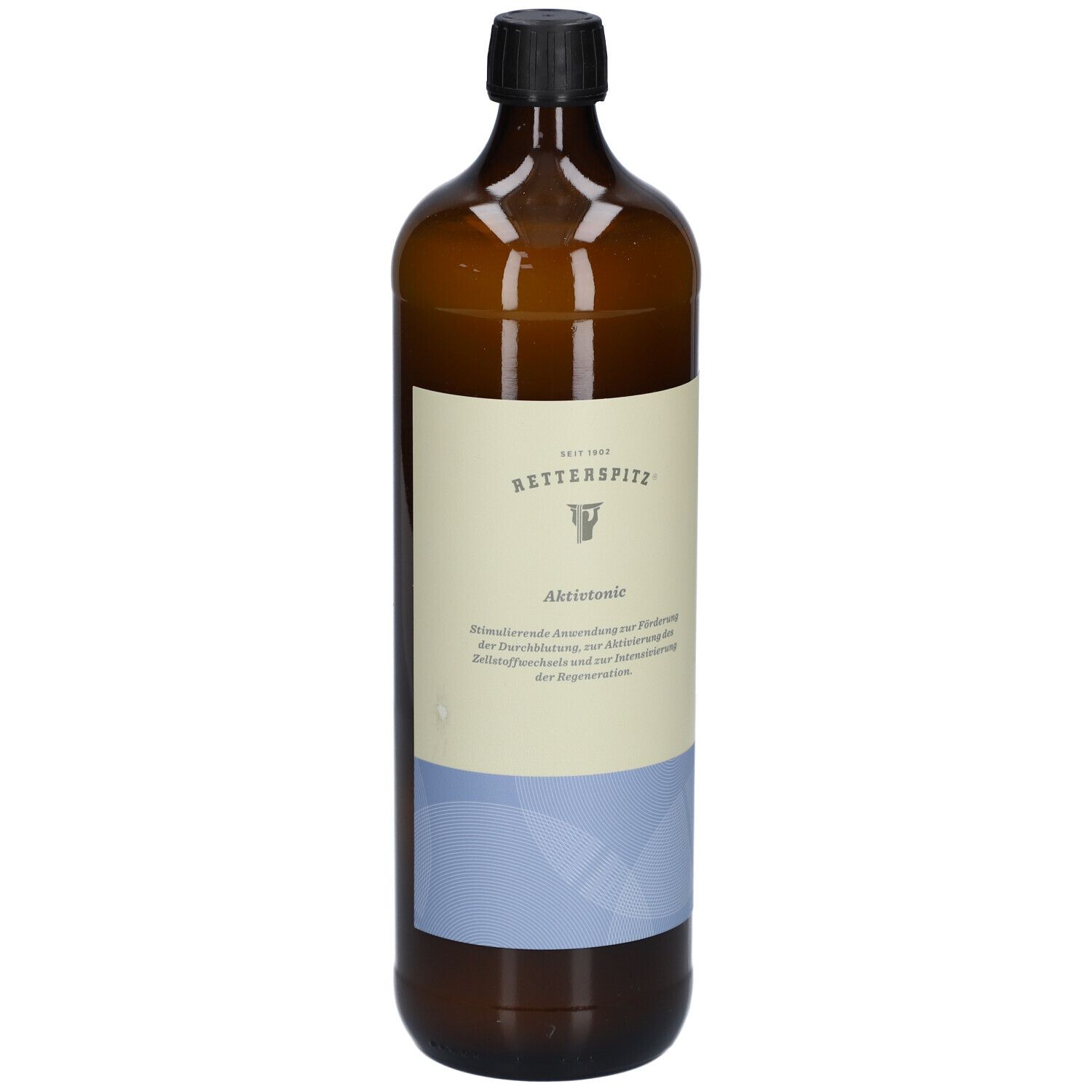 Braune Glasflasche mit schwarzem Deckel. Etikett mit Produktname und Logo. Seitenansicht.