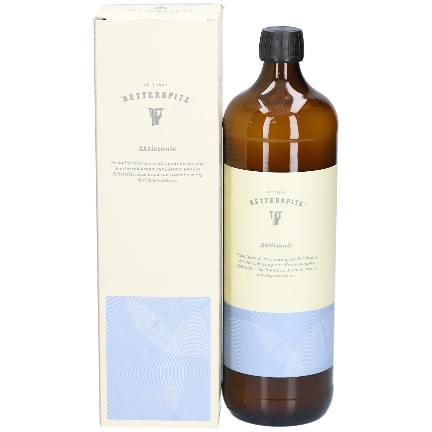 Braune Glasflasche mit schwarzem Deckel und Karton. Flasche und Verpackung nebeneinander.