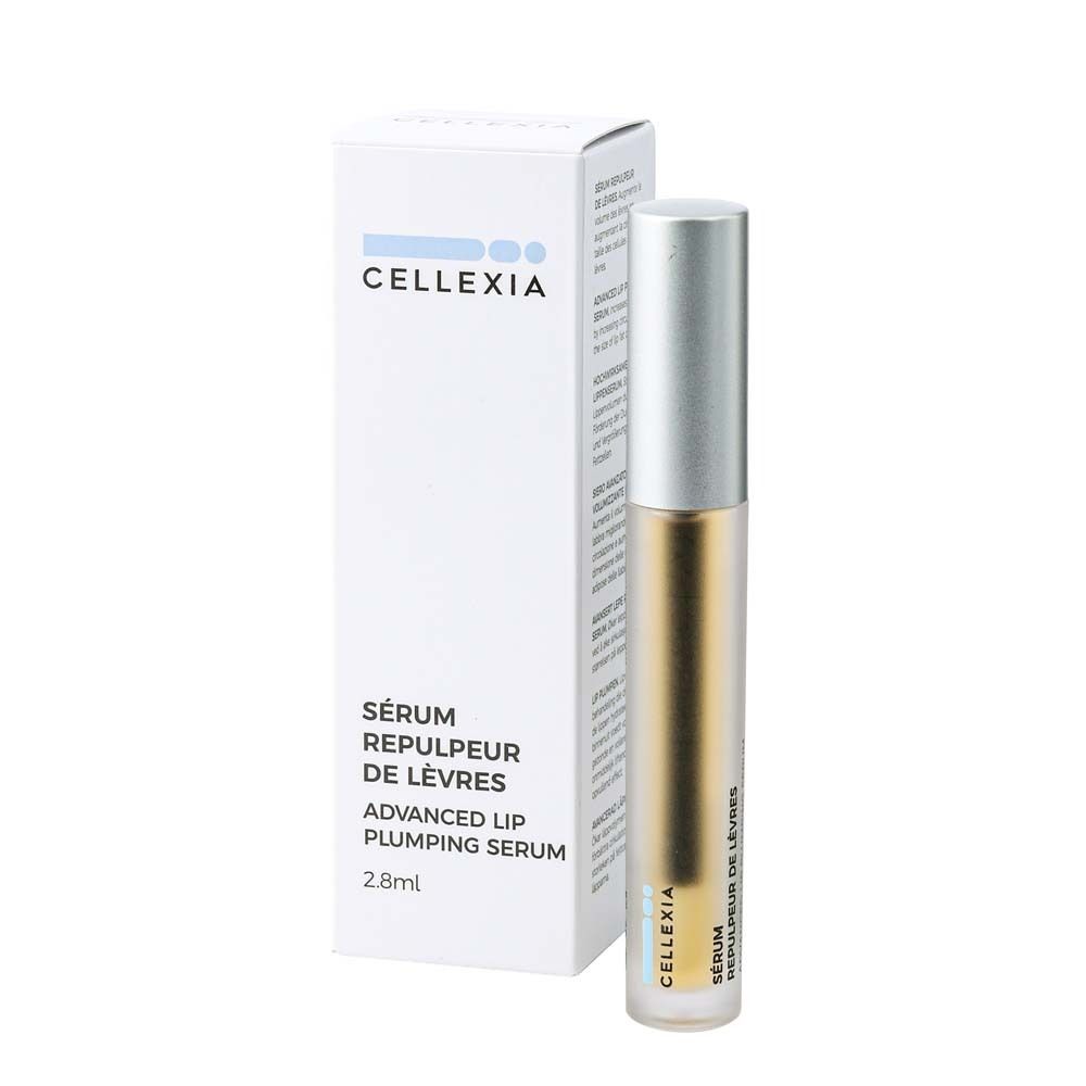 Serum-Fläschchen und Verpackung. Aufschrift: Cellexia, Sérum Repulpeur de Lèvres, Advanced Lip Plumping Serum, 2.8ml.