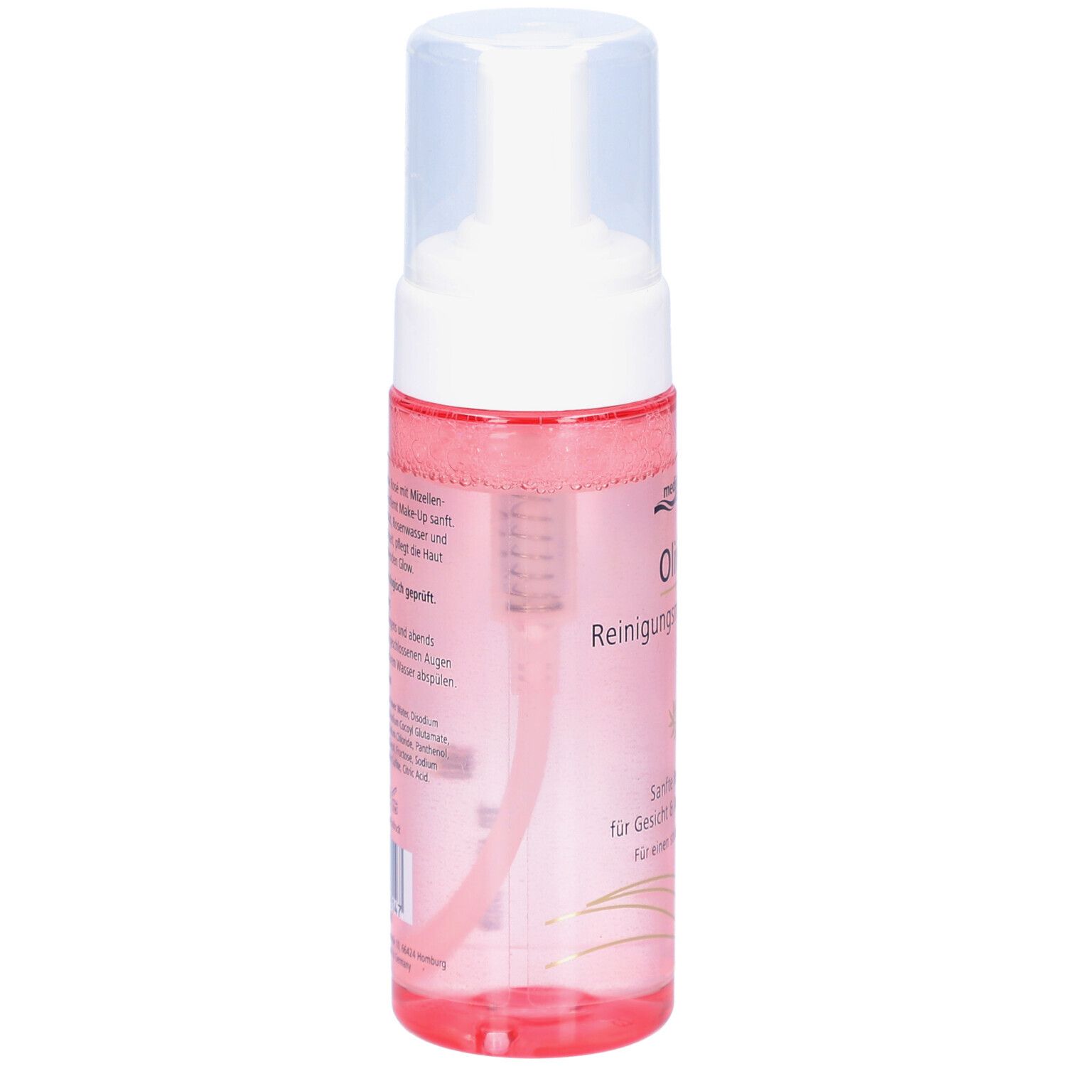 Reinigungsmousse Rosé von medipharma cosmetics. Rückseite der Flasche mit Text. Transparente Flasche mit weißem Pumpkopf.