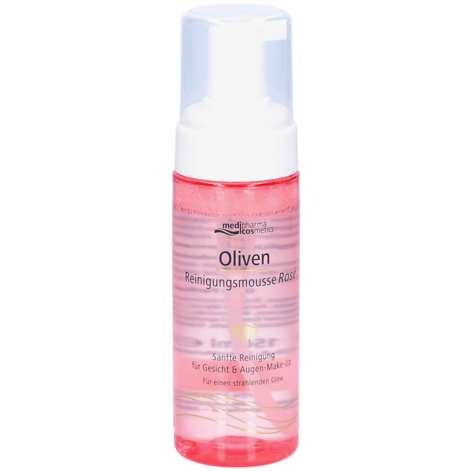Reinigungsmousse Rosé von medipharma cosmetics. Transparente Flasche mit weißem Pumpkopf. Produktname und Logo sichtbar.