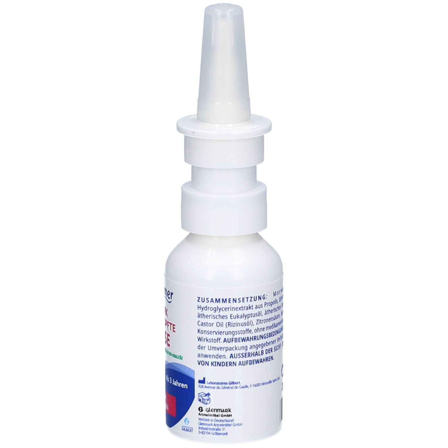 Weiße Flasche mit Nasenspray-Aufsatz. Aufschrift: Marimer Stark verstopfte Nase. Text mit Inhaltsstoffen und Zusammensetzung.