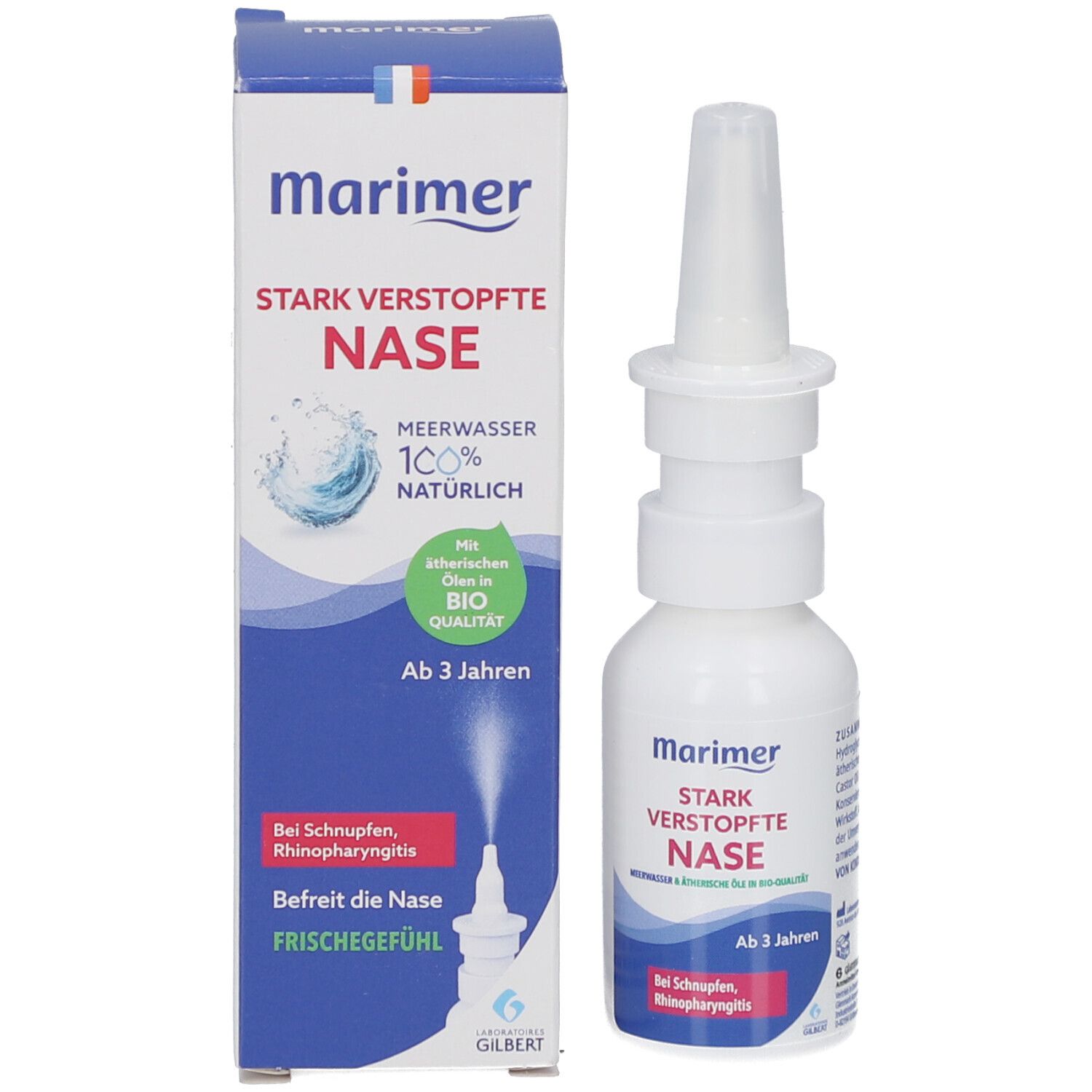 Produktverpackung mit Flasche und Karton. Aufschrift: Marimer Stark verstopfte Nase. Meerwasser 100% natürlich. Ab 3 Jahren.
