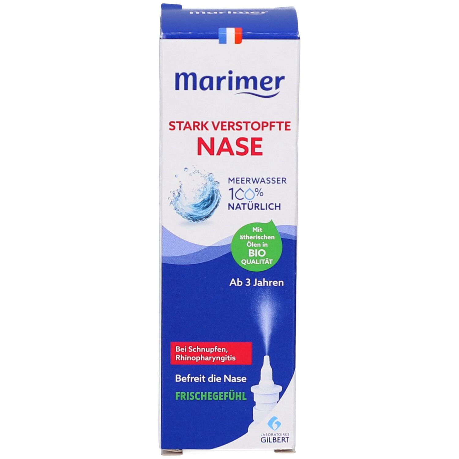 Produktverpackung mit Karton. Aufschrift: Marimer Stark verstopfte Nase. Meerwasser 100% natürlich. Ab 3 Jahren.