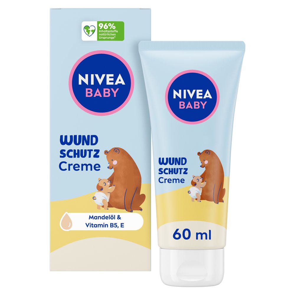 NIVEA BABY Wundschutzcreme Tube und Karton mit Bärenmotiv. Enthält Mandelöl & Vitamin B5, E. 60 ml.