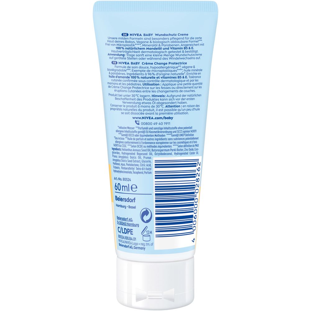 Rückseite der NIVEA BABY Wundschutzcreme Tube. Enthält Inhaltsangaben und Anwendungshinweise. 60 ml.
