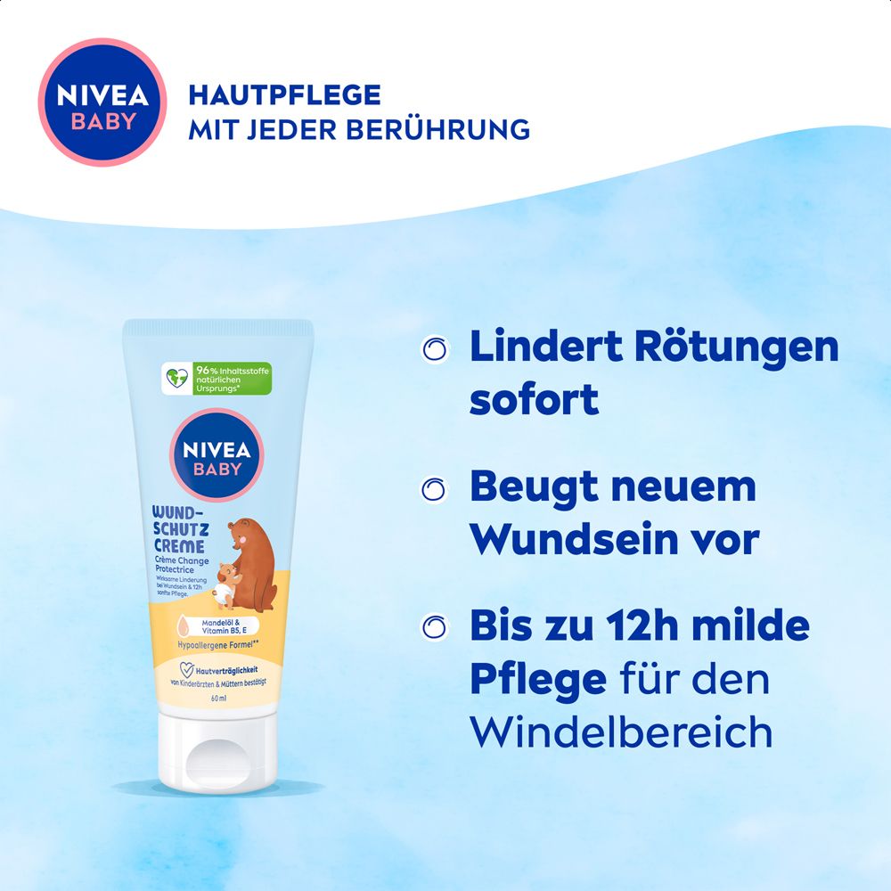 NIVEA BABY Wundschutzcreme mit Bärenmotiv. Vegane & biologisch abbaubare Formel. Frei von Mikroplastik, Mineralöl & Parabenen.