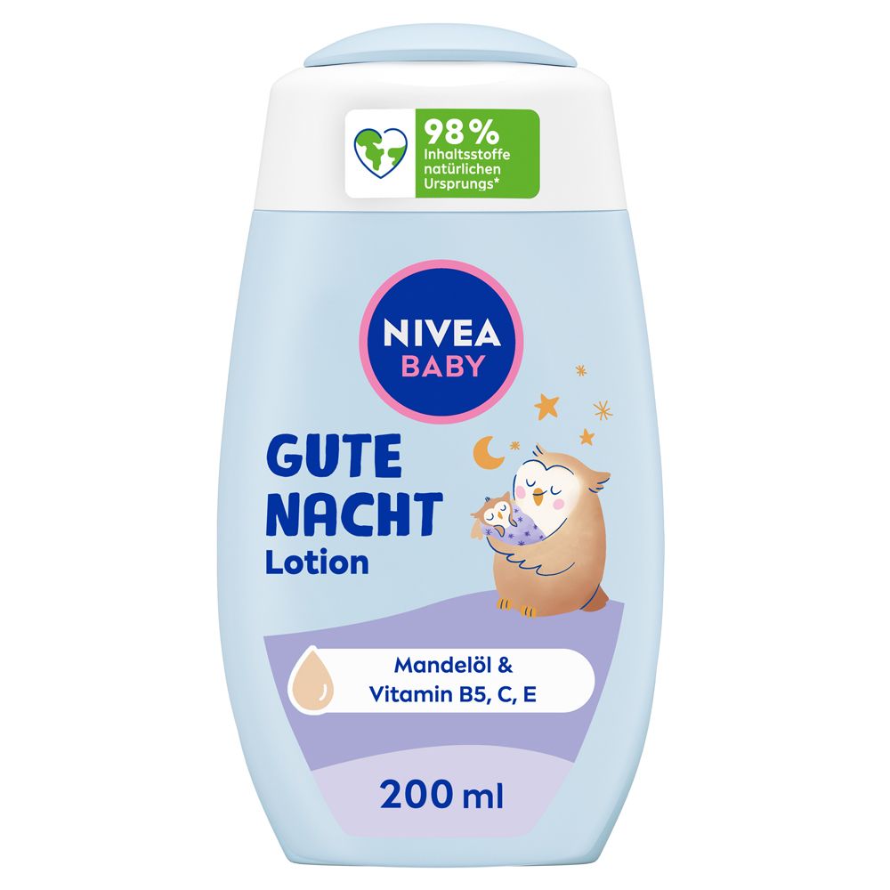 Nivea Baby Gute Nacht Lotion Flasche mit 200ml Inhalt. Enthält Mandelöl & Vitamin B5, C, E. 98% natürliche Inhaltsstoffe.