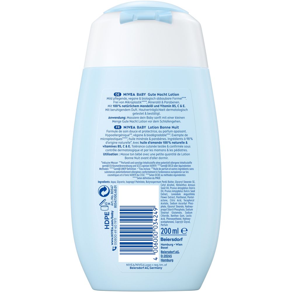 Rückseite der Nivea Baby Gute Nacht Lotion Flasche mit Inhaltsstoffen und Anwendungshinweisen. 200ml.