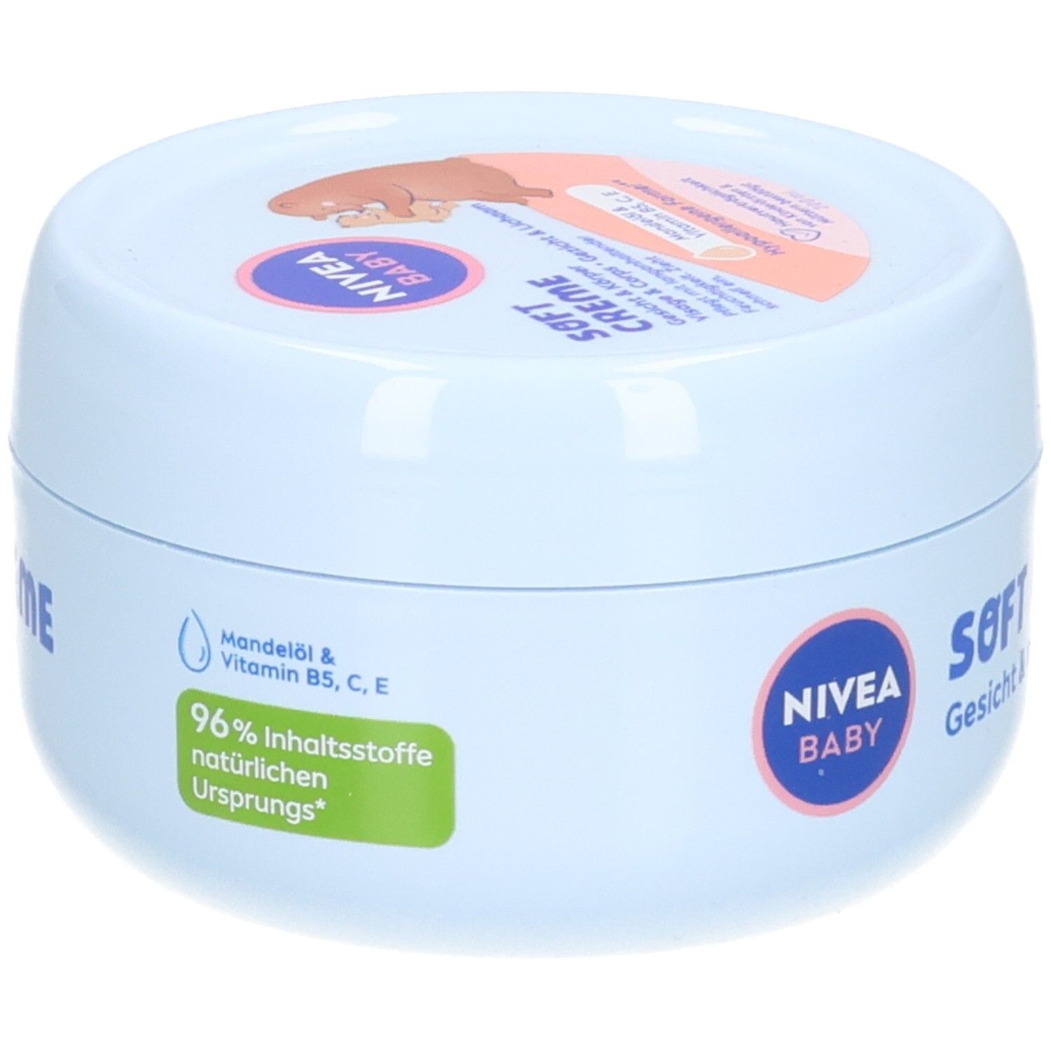 Hellblaue Creme-Dose mit Deckel. Auf der Dose steht "NIVEA BABY Soft Creme Gesicht & Körper". Auf der Seite sind Inhaltsstoffe und ein Logo.
