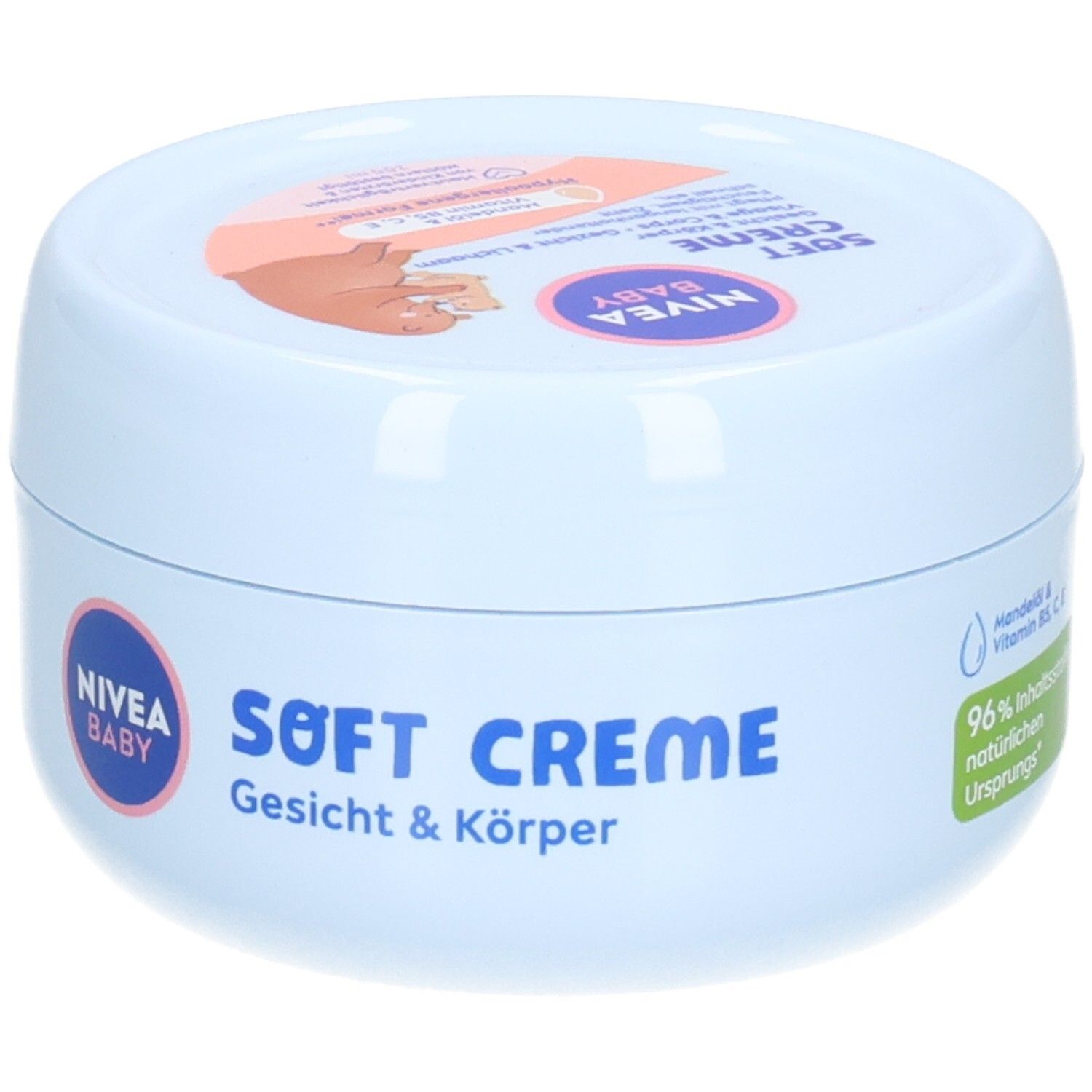 Hellblaue Creme-Dose mit Deckel. Auf dem Deckel ist ein Baby abgebildet. Auf der Dose steht "NIVEA BABY Soft Creme Gesicht & Körper".