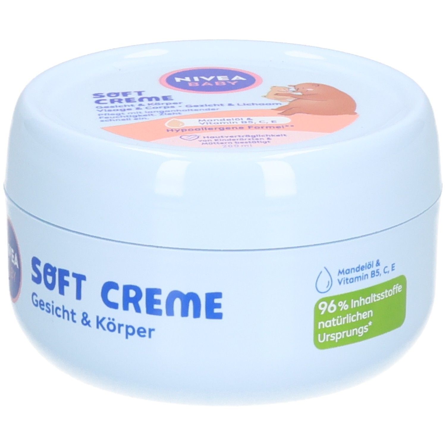 Hellblaue Creme-Dose mit Deckel. Auf dem Deckel ist ein Baby abgebildet. Auf der Dose steht "NIVEA BABY Soft Creme Gesicht & Körper".