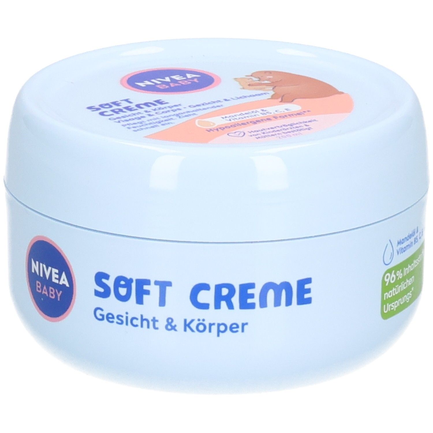 Hellblaue Creme-Dose mit Deckel. Auf dem Deckel ist ein Baby abgebildet. Auf der Dose steht "NIVEA BABY Soft Creme Gesicht & Körper".