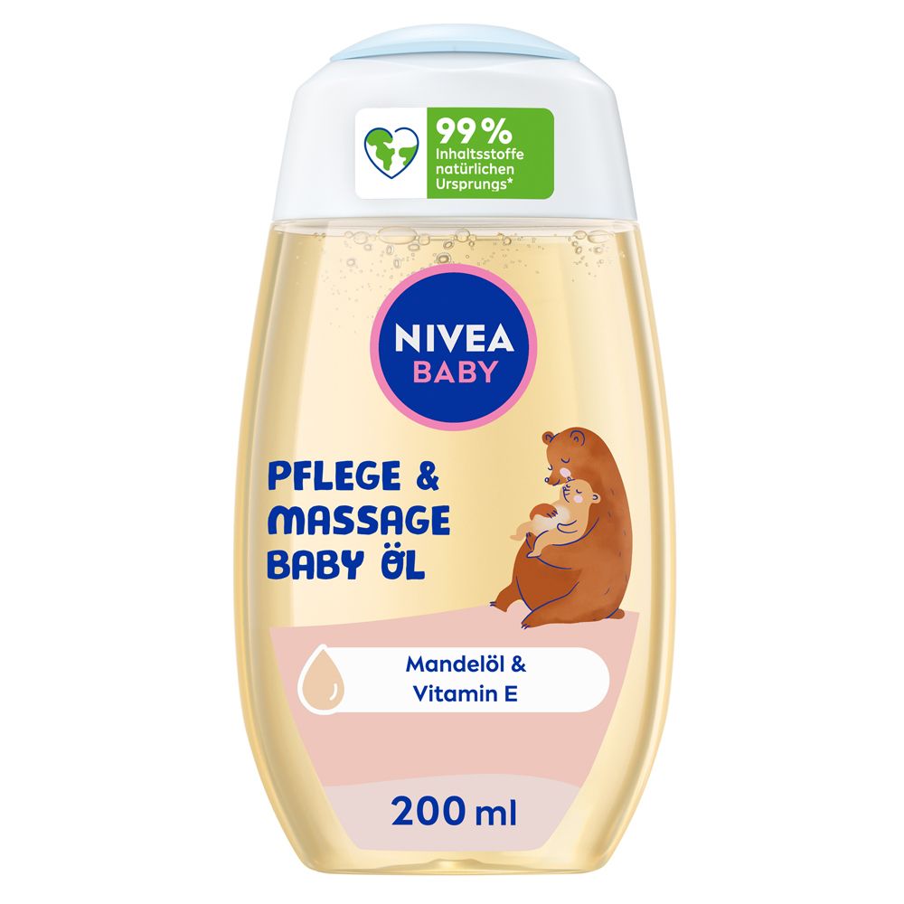 NIVEA BABY Pflege & Massage Baby Öl Flasche mit Bärenmotiv. Enthält Mandelöl & Vitamin E. 200 ml.