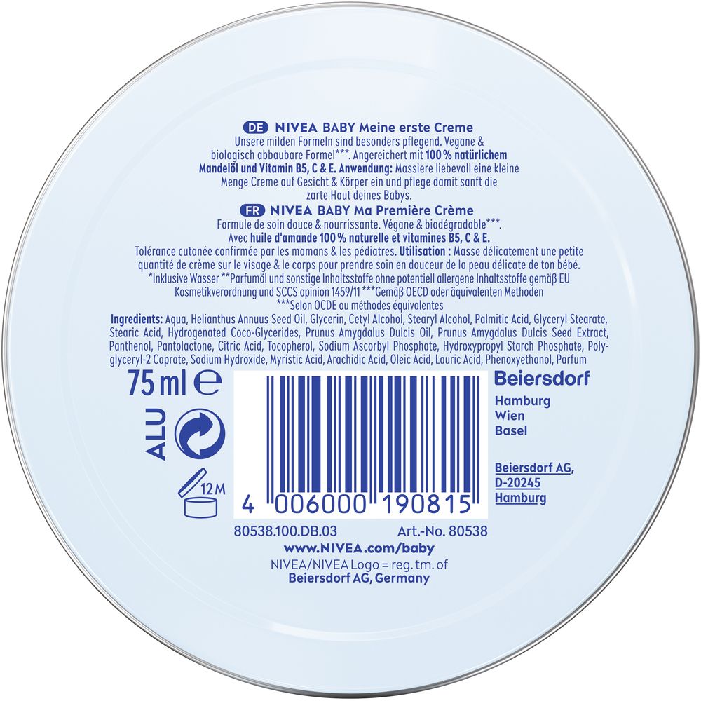 Rückseite NIVEA BABY Meine erste Creme Tiegel mit Produktinformationen und Barcode. 75 ml.